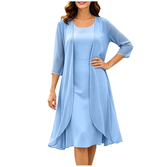 Purcolt 2 Piece Dress Sets for Women Elegant Casual 3/4 Sleeve Sheer Open Front Cardigan and Crewneck Midi Dress for Business Work Office