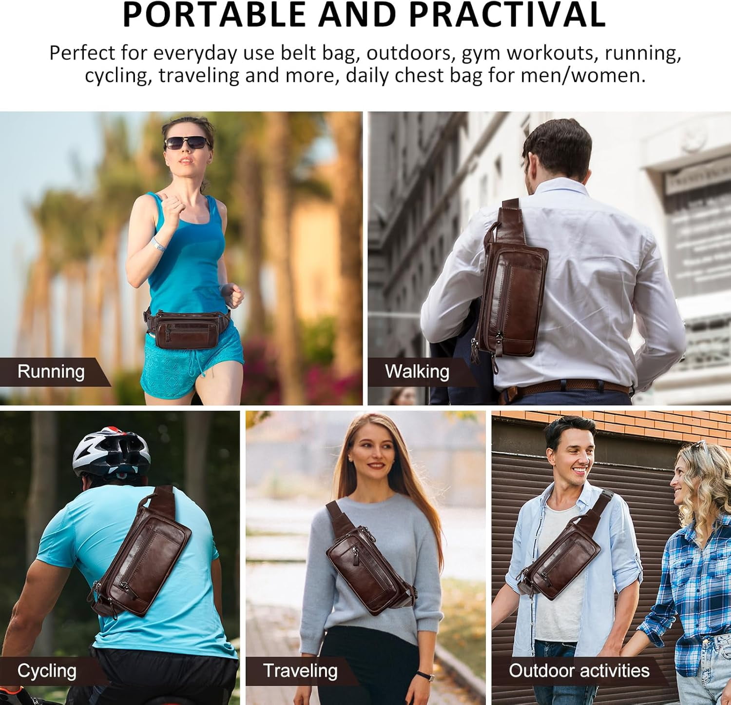Leather Fanny Pack for Men Women, Belt Bag Fashion Waist Packs Small Crossbody Bag with Adjustable Strap for Travel Sport Walk (Black)