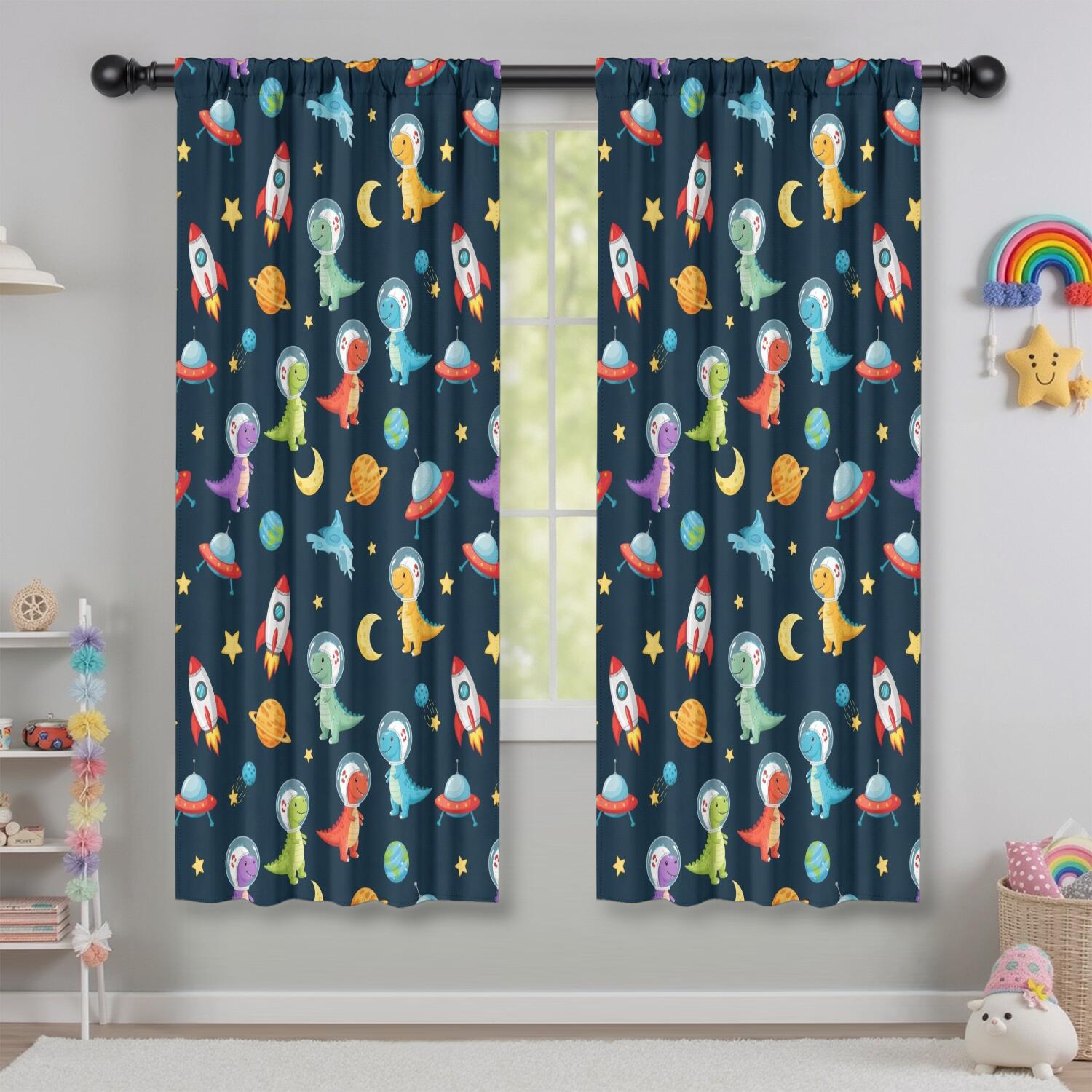Blackout Kids Curtains,Space Dinosaurs Rockets Planets Childrens Insulated Curtains Set Of 2,Bedroom Essentials,Toddler Room Decor 42"x63"