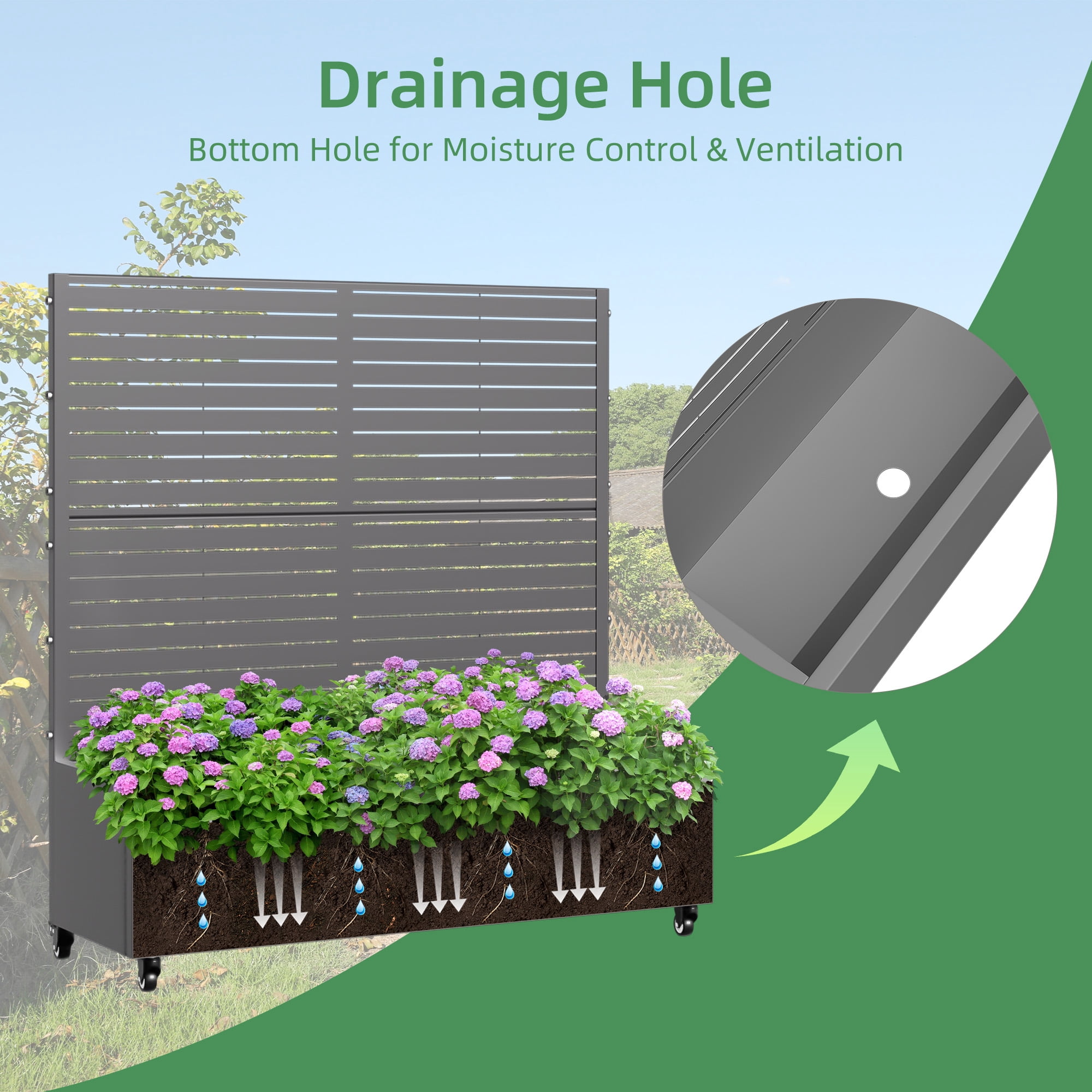 MAYEERTY 47*16*47"Outdoor Gray Metal Planter with Rect Louvered Climbing Trellis, Drainage hole & Wheels