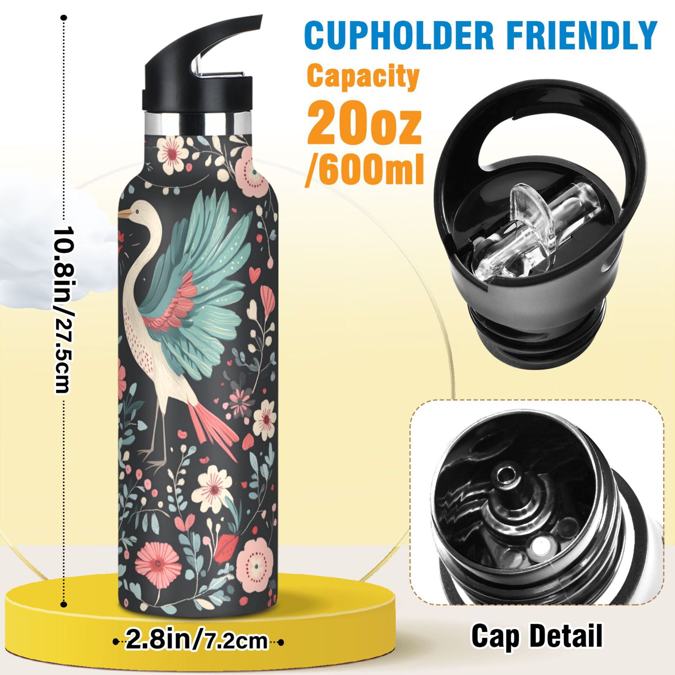 600ML Stainless Steel Insulated Cup Sports Water Bottle Portable Thermos Cup Water Glasses Insulated Tumblers Convenient and Durable Couple Cranes