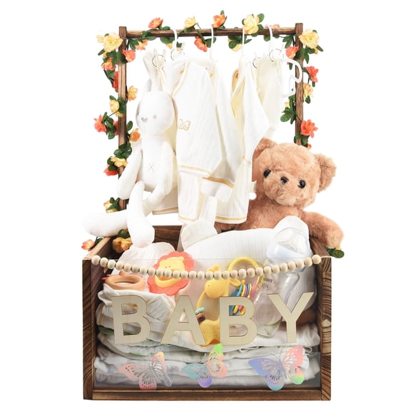 Baby Shower Crate Closet with Handle, Multifunctional Wooden & Acrylic Visible Storage Box, Newborn Toy Basket for Boys Girls, Pregnancy Gift for New Moms (Brown)
