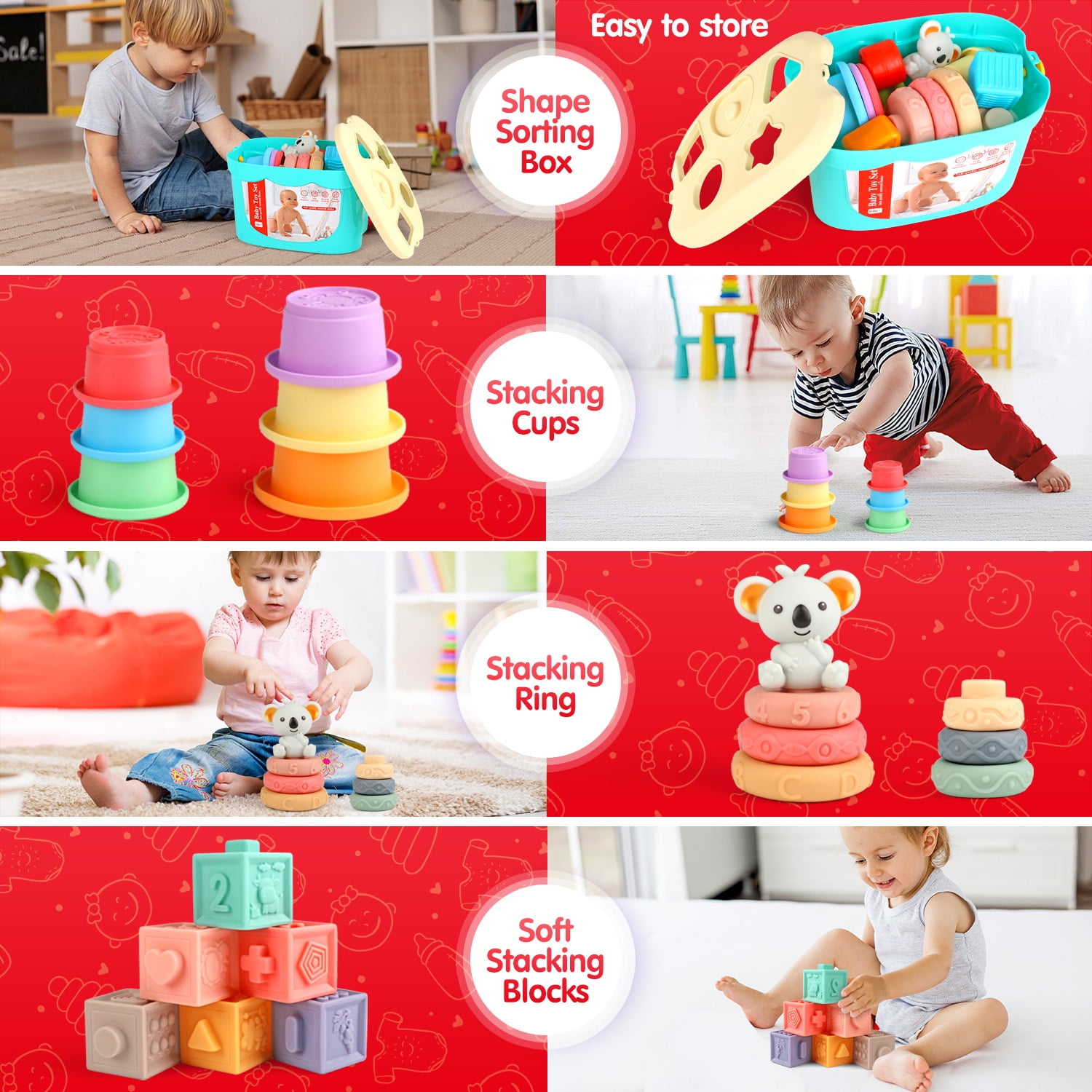 UQN Montessori Toys for 1 Year Old, 4 In 1 Baby Blocks Toys 6-12 Months, Soft Baby Teething Toys, Learning Gifts for Baby Girls Boys, Birthday Chrismas Gift