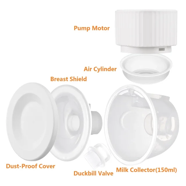 extractor de leche portátil manos libres, paquete de 2 extractores de leche inalámbricos dobles eléctricos portátiles con pantalla lcd, 9 niveles y 3 modos, silencioso, indoloro y recargable — Despiece frontal mostrando motor de bomba con carcasa superior, cilindro de aire, escudo mamario cóncavo, colector de leche transparente (150 ml), válvula tipo pico de pato y cubierta antipolvo sobre fondo blanco.