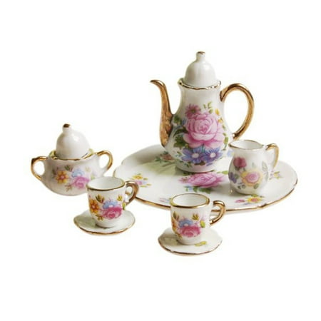 - 8pcs Dining Ware Porcelain Tea Set Pink Dish Cup Plate 1/6 Dollhouse Miniature