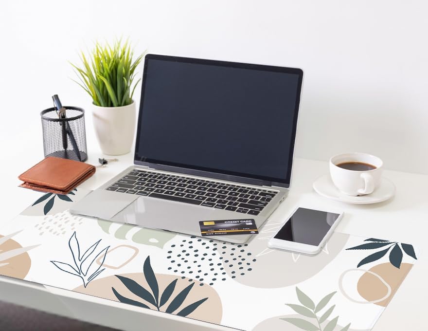 Boho Mouse Pad, Large Desk Pad, Desk Mats on Top of Desks, Cute Desk Mat, Neutral Office Desk Supplies, Minimalistic Modern Abstract Plant Botanical, 31.5x11.8'''' XL Desk Cover Mat - Tropical