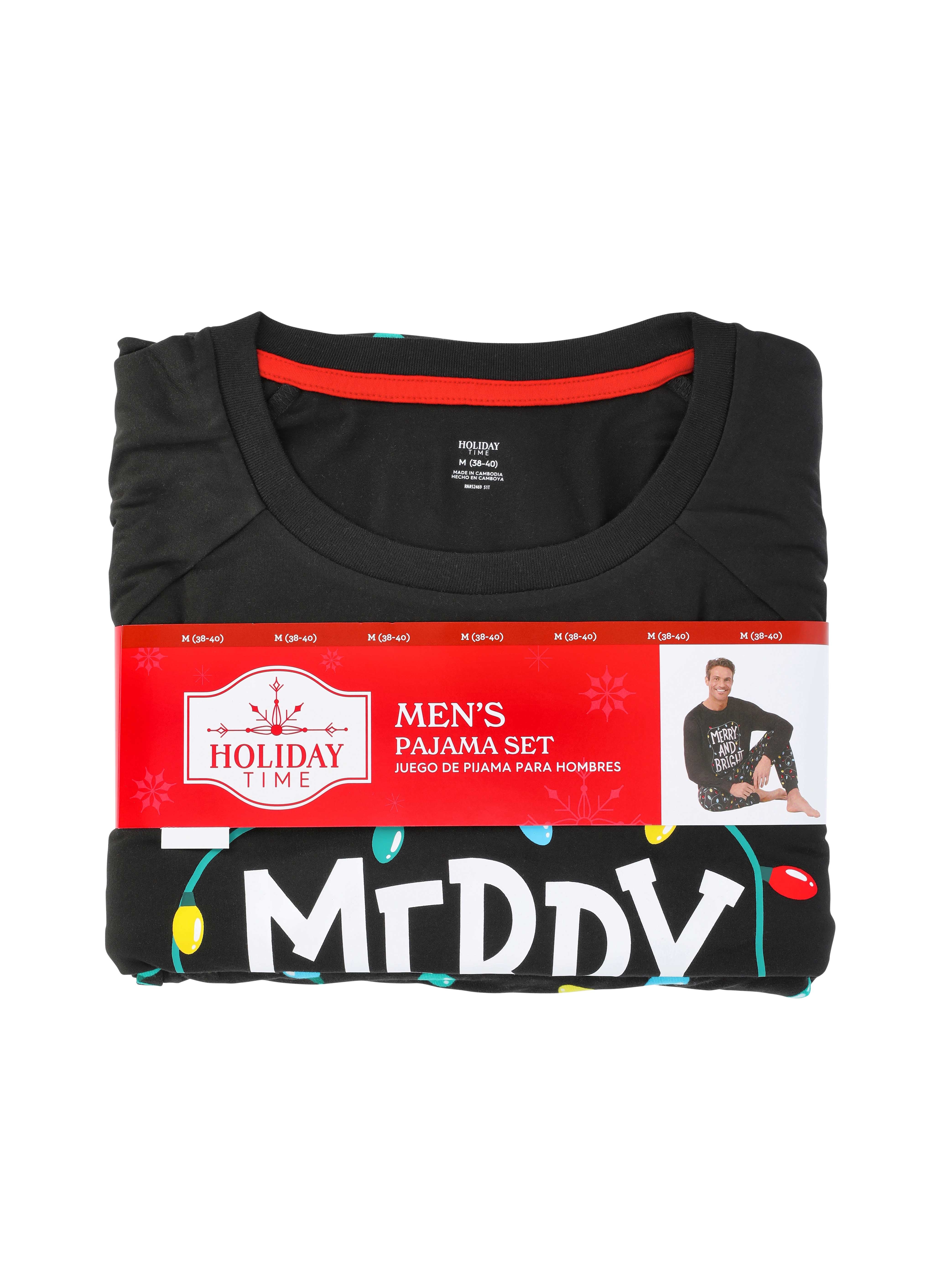 Holiday Time Men's Matching Family Pajamas Merry and Bright Top and Pants Set, 2-Piece, Sizes S-3XL