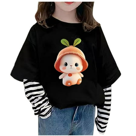 

Lovskoo 3-10Y Stripe Long Sleeve Tops for Girls T-Shirts Kids Toddler Long Sleeve Base Shirt Cotton Fake Two-Piece Clothing Tops Black