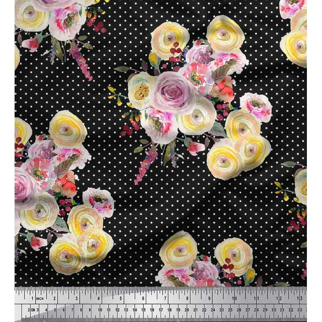 Soimoi Black polyester Crepe Fabric Dot,Yellow & Pink Floral Decor Fabric Printed BTY 42 Inch Wide