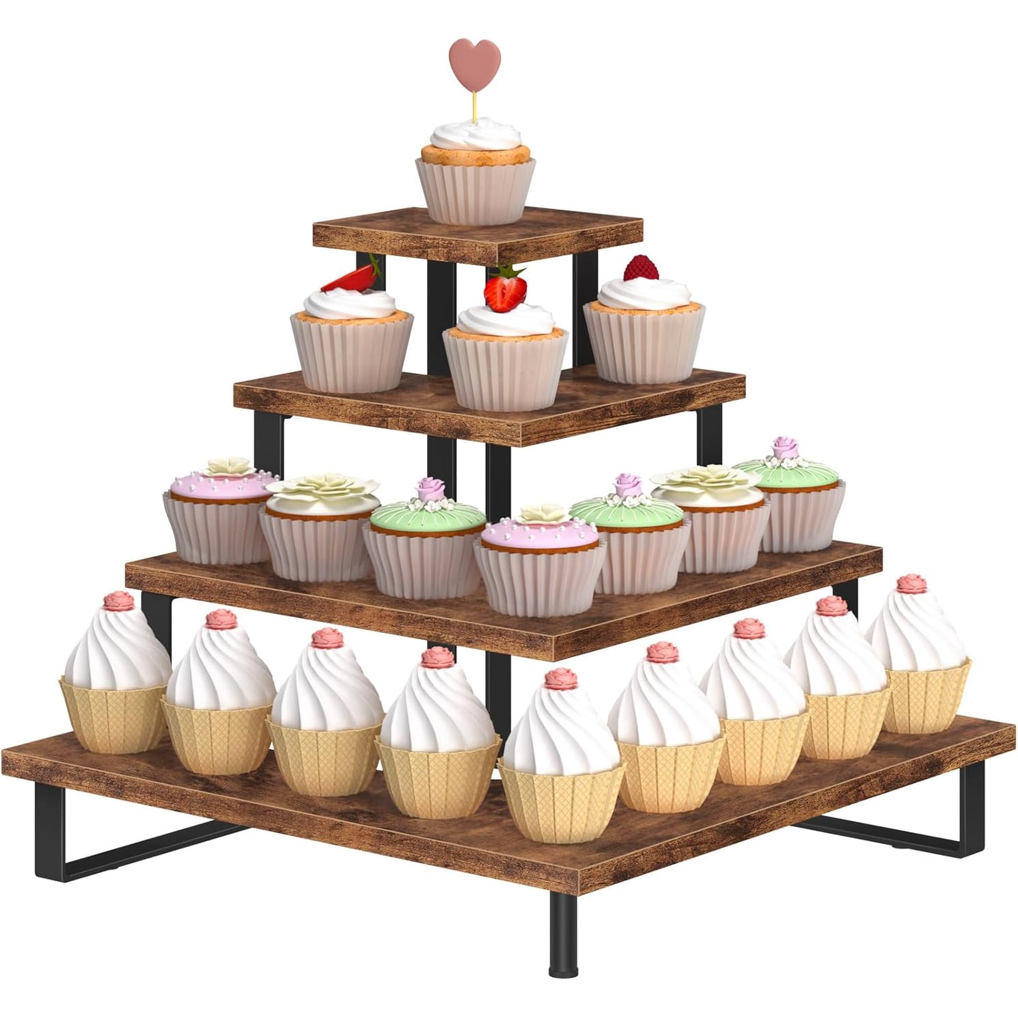 Wooden Cupcake Stand Tiered Cupcake Display Tower Dessert Table Display Set Buffet Risers Food Stands for Party Baby Shower Rustic Brown Right Angle Corner