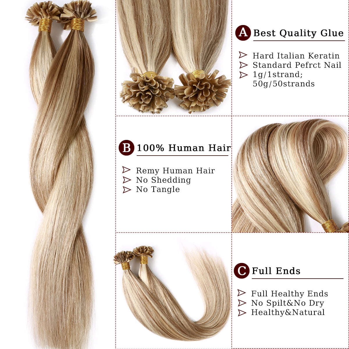 SEGO U Tip Hair Extensions Pre Bonded Fusion Hairpieces 100% Remy Human Hair U-tip Nail Tipped Keratin Glue Stick Microlink Blonde Hair Extension for Women 50 Strands