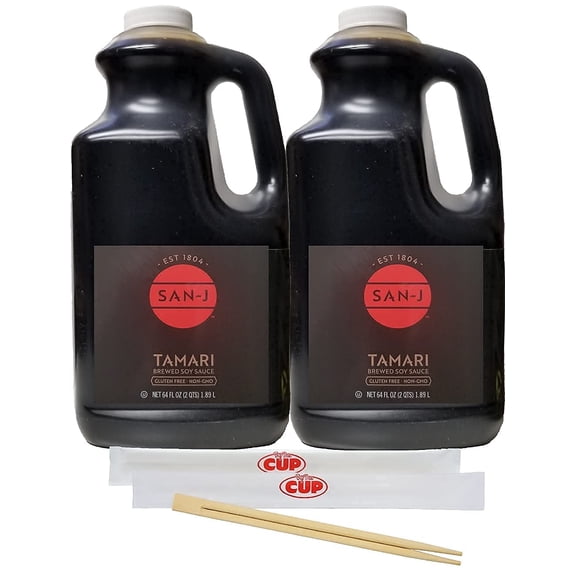 San-J Tamari Brewed Soy Sauce, Gluten-Free, Non-GMO, 64 fl oz (pack of 2) with By The Cup Chopsticks