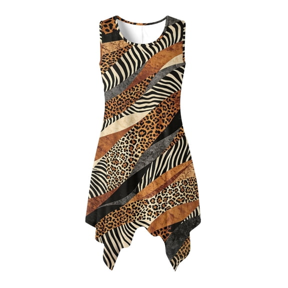 HELLHERO Animal Patchwork Print Beach Long Dresses, Side Pockets Sleeveless Sundress Pleated Asymmetric Summer Sleeveless Dress