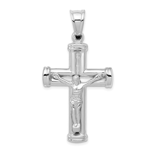 Pendentif Breloque Collier Croix Sainte Seigneur Jésus-Christ Réversible en Or Blanc 14k Religieux Latin