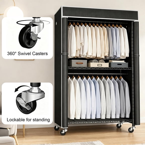 Freestanding Garment Rack with Dust Cover and Rolling Wheels, Metal Clothes Closet and Portable Wardrobe Organizer with Storage Shelf for Bedroom, Black