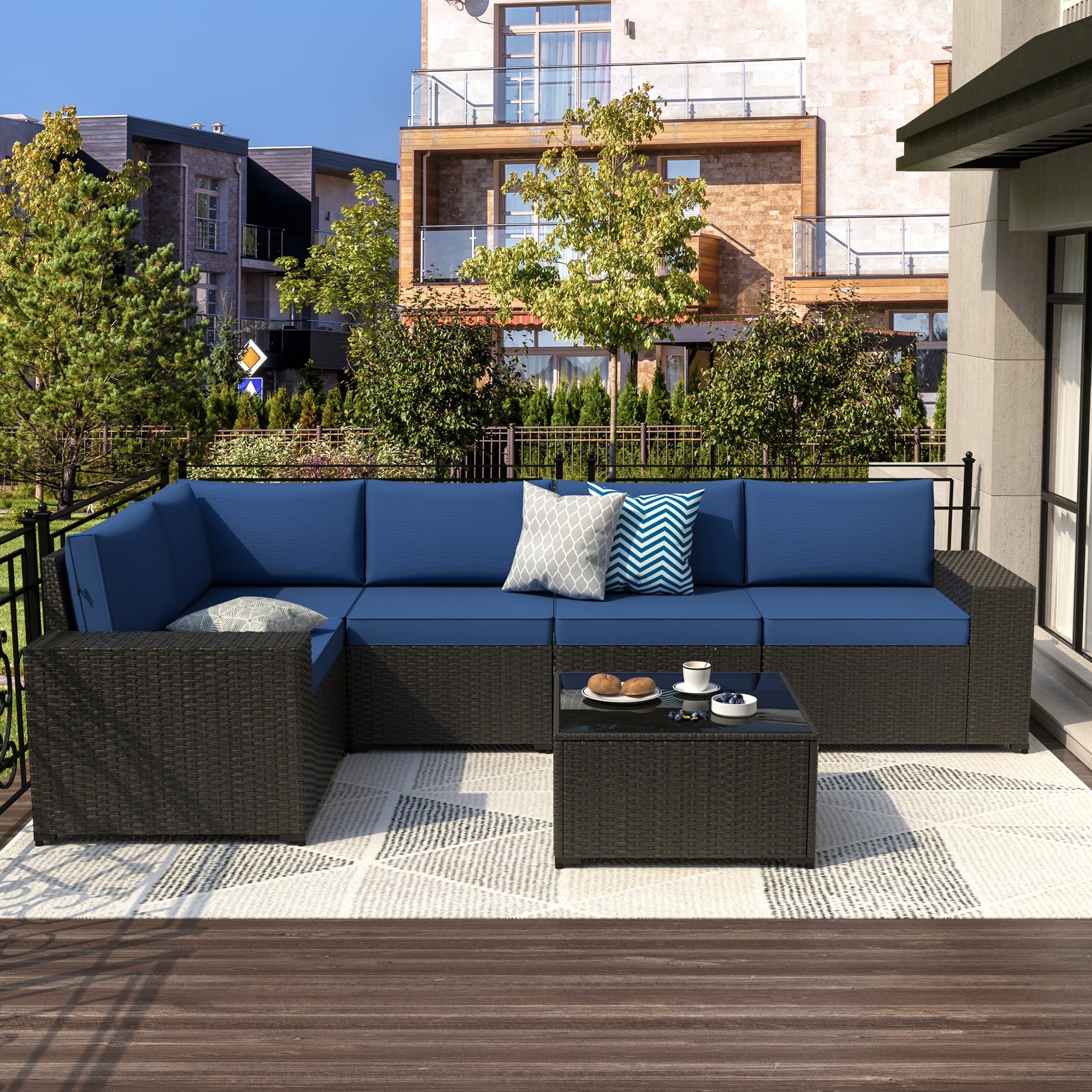 GOJOOASIS 6 Pieces Patio Furniture Set Outdoor PE Wicker Rattan Sectional Conversation Sofa,Blue