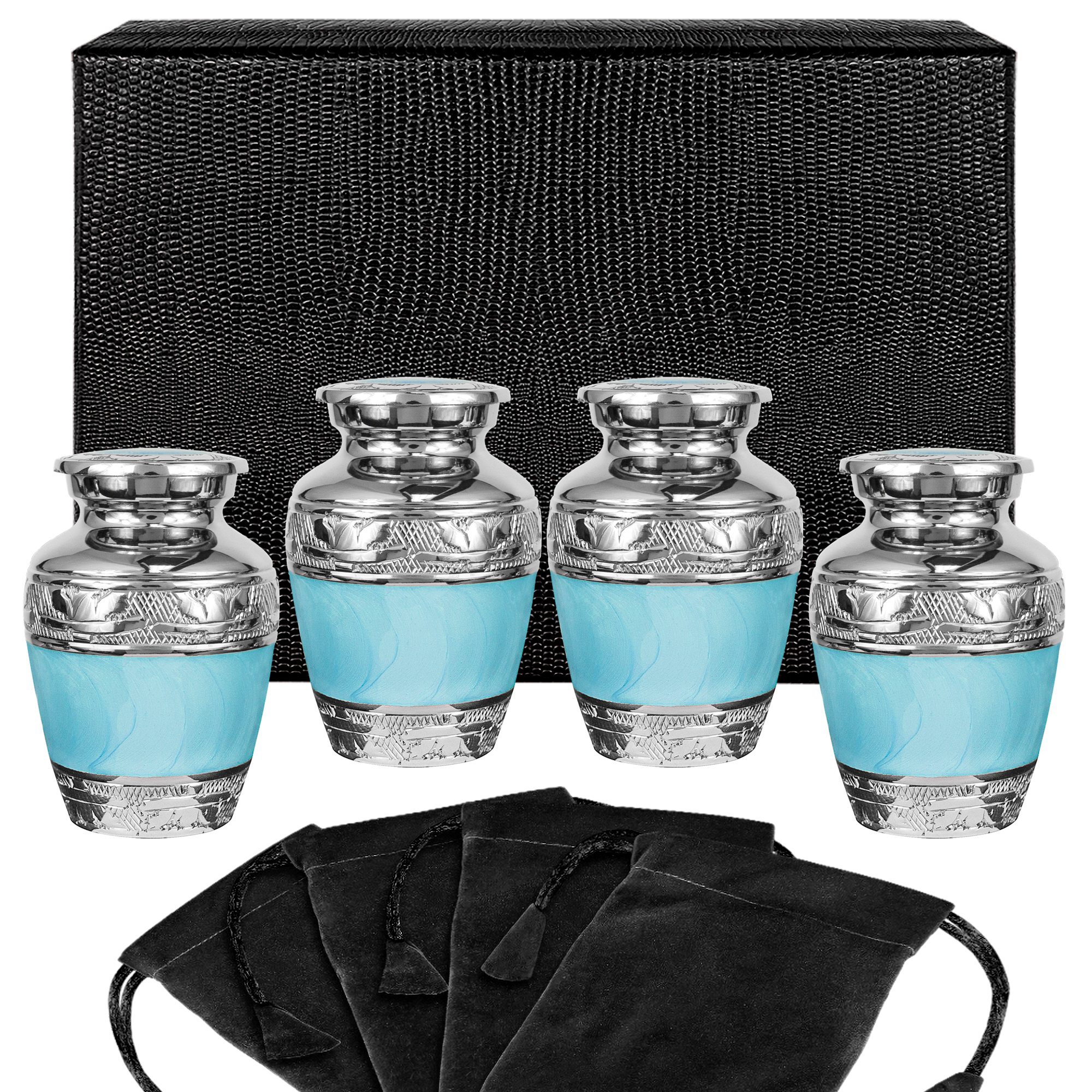 Reminded Small Cremation Urns for Human Ashes Mini Keepsake Set of 4 Blue and Silver with Velvet Case