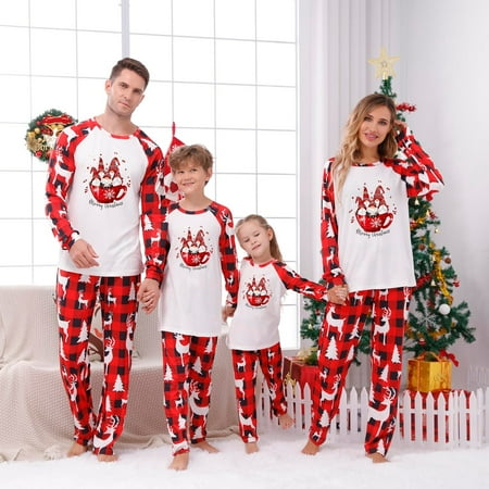 

ZCFZJW Reduce Matching Christmas Family Pajamas Cute Lovely Xmas Gnome in Red Bowl Print Plaid Long Sleeve T Shirts and Pants Two Piece Soft Cotton Holiday Sleepwear Outfit Set(Mom-XXL)