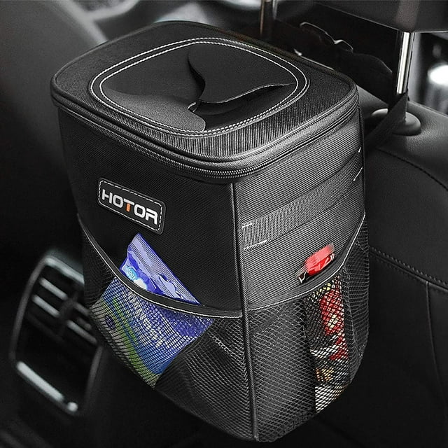 Cubo de basura para coche HOTOR de 7,6 litros con tapa y bolsillos de almacenamiento, color negro
