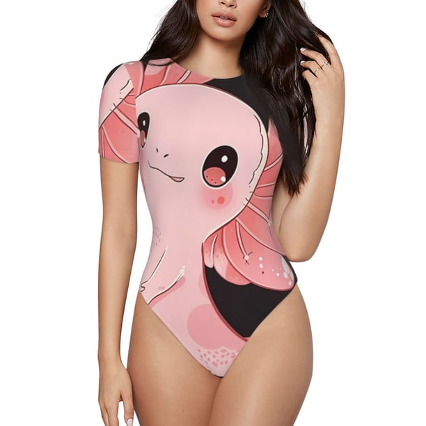Balery Cute Axolotl Sakura Blossoms A Body de cuello redondo de manga corta para mujer Tops de manga corta Tops básicos-Small