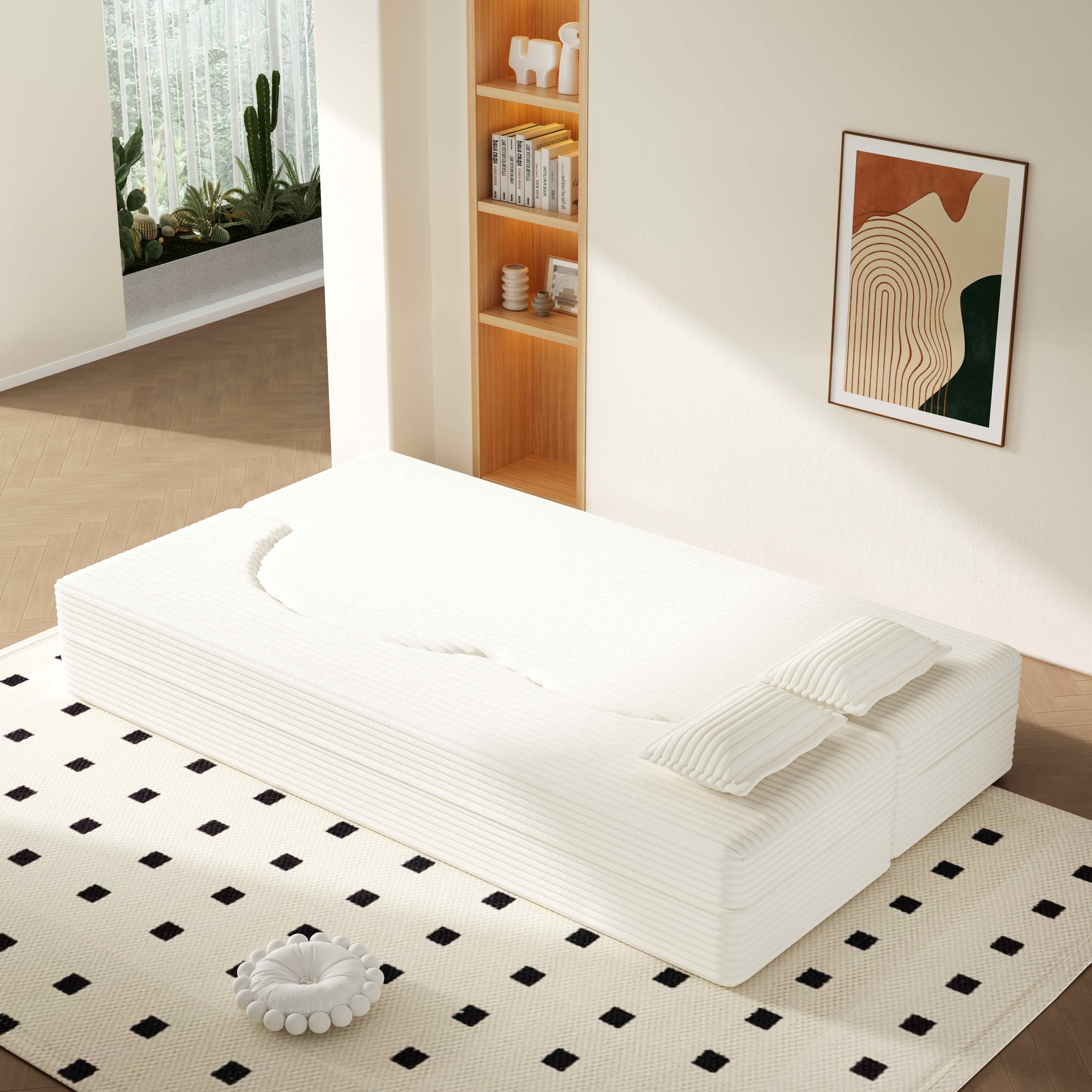 MAYEERTY Twin Corduroy Foldable Foam Floor Sofa Bed, Zero Assembly Vacuum Compressed Sleeper with 2 Pillows