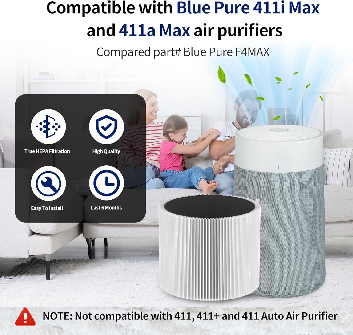 411i Max Replacement Filters for Blueair 411i Max and 411a Max Air Purifier, for Blue Pure 411i Max F4MAX Particle and Activated Carbon Filter, 2 Pack
