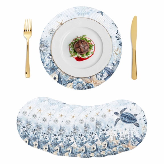 Blue Turtle Coastal Round 15 Inch Placemats Set of 8, Beach Starfish Nautical Coral Botanical HeatResistant Non Slip Place Mats for Dining Table, Wipeable Braided Kitchen Table Mats for Housewarming