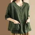 thumbnail image 2 of MIXUE Womens Summer Tops Summer Linen Solid Color Round Neck Button Up Short Sleeve Pocket Casual Vintage Cardigan Tee Shirts Activewear,Green,L, 2 of 4