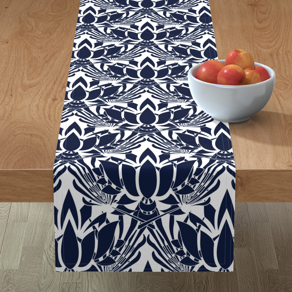 Table Runner Floral Indigo Hand Drawn Watercolor Blue Flowers Cotton Sateen 