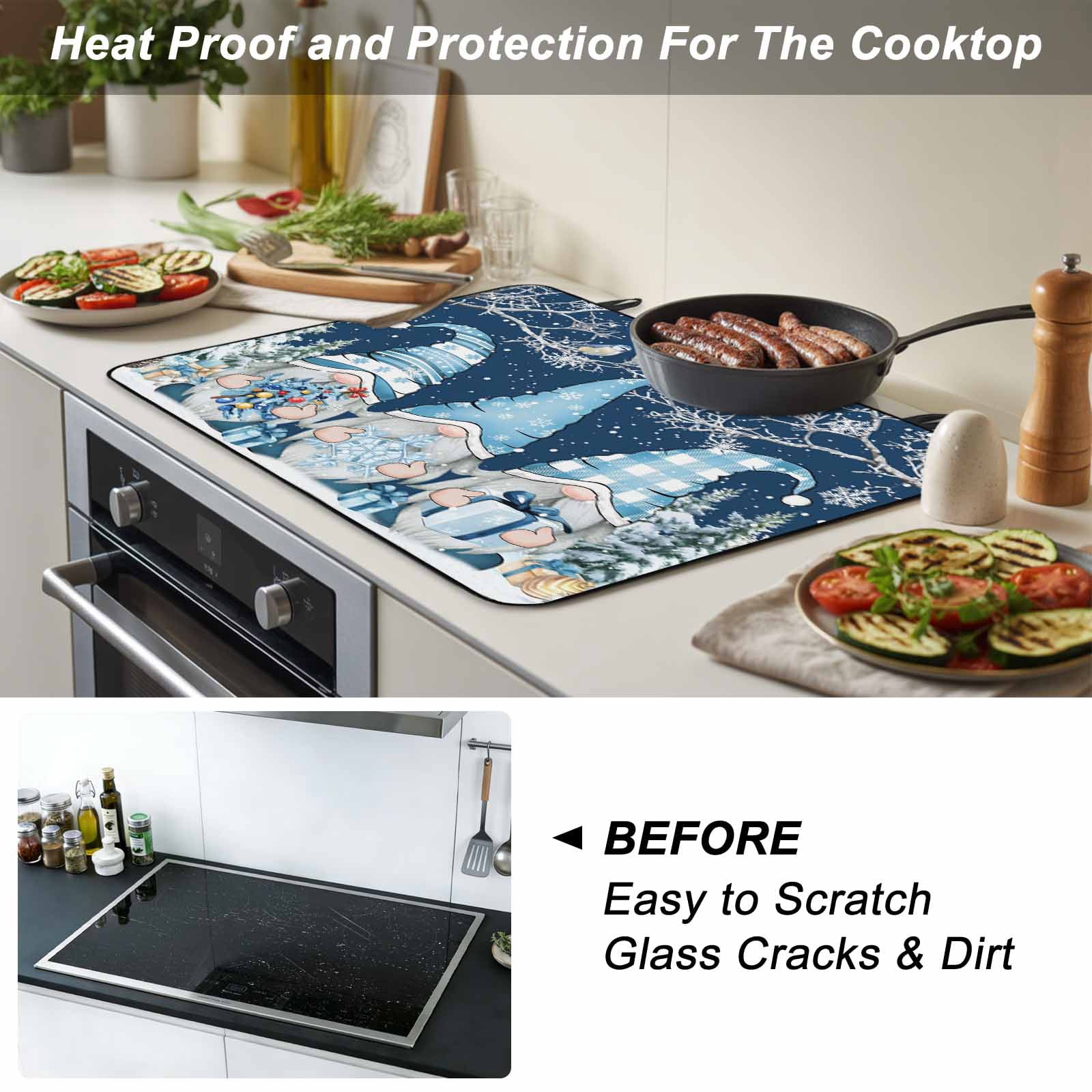 Navy Blue Gnomes Christmas Stove Top Cover for Electric Stove, Heat-proof & Non Slip Glass Top Stove Cover Protector, Snowflake Xmas Tree Winter Branches Kitchen Flat Cooktop Rubber Mat 24x21 Inches