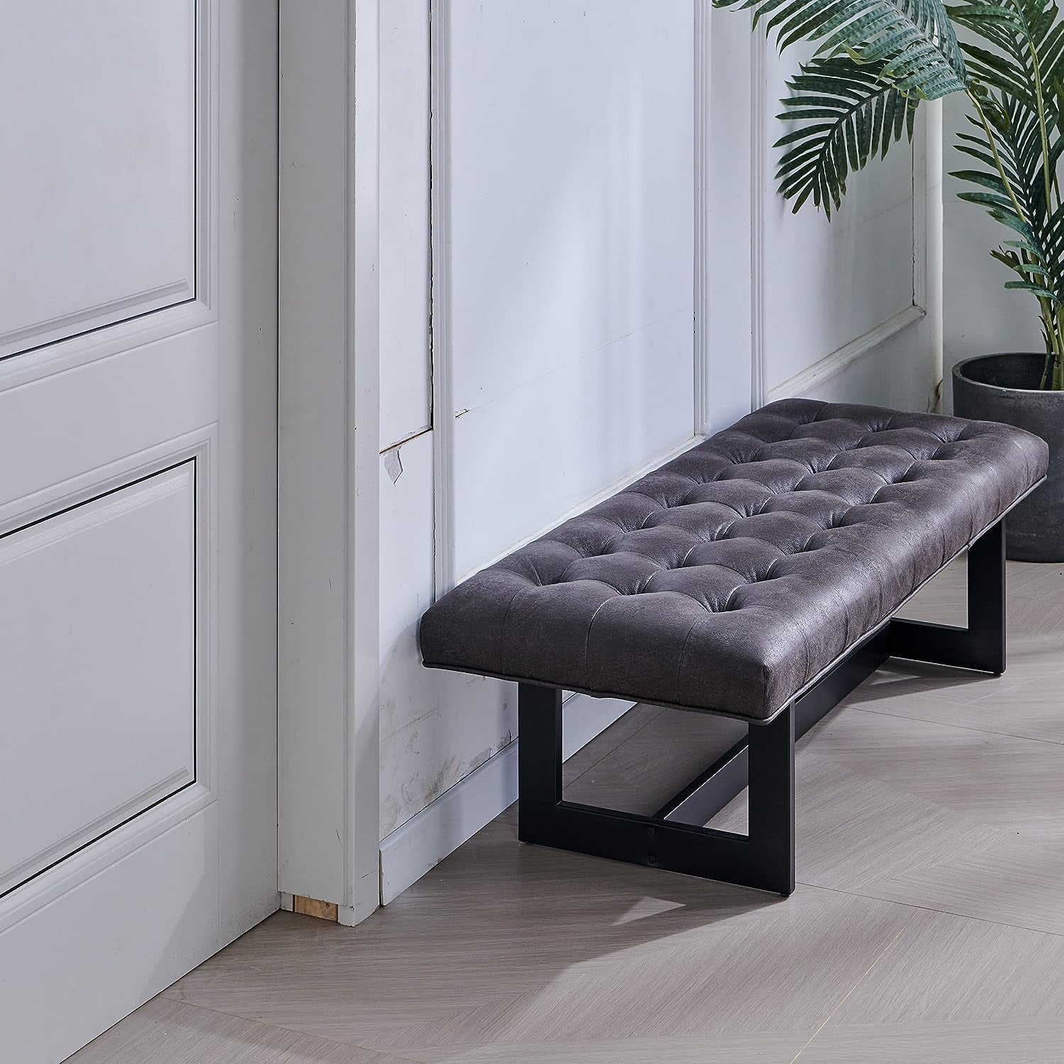 Nathaniel Home 48'' Button-Tufted Kids Ottoman, Upholstered Bedroom Benches, Leather Footrest Stool Accent Bench, for Bedroom End of Bed, Foggy Gray