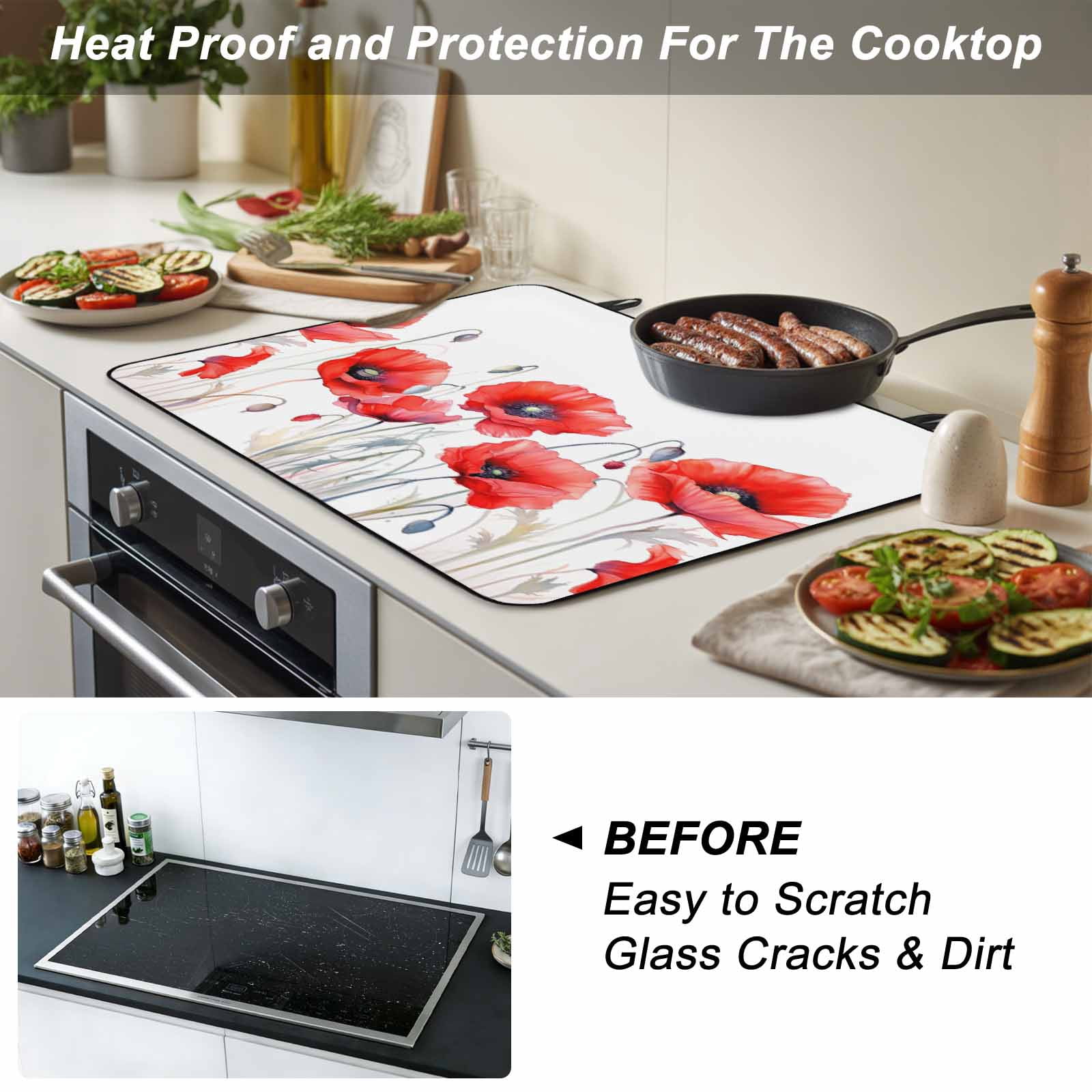Red Spring Floral Stove Top Cover for Electric Stove, Heat-proof & Non Slip Glass Top Stove Cover Protector, Pastoral Botanical Summer Elegant Kitchen Flat Cooktop Rubber Mat 24x21 Inches