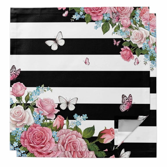 Pink Flowers Cloth Napkins, Spring Floral Butterflies Black White Striped Farmhouse Washable and Reusable Dinner Napkins Set of 2, Table Napkin for Kitchen Party Birthday Wedding Hotel 20"x20"