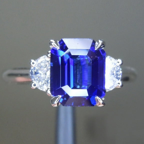 2.30 Ct Emerald Cut Natural Blue Sapphire Diamond Stunning Three Stone Ring for Engagement 14K White Gold Size 5