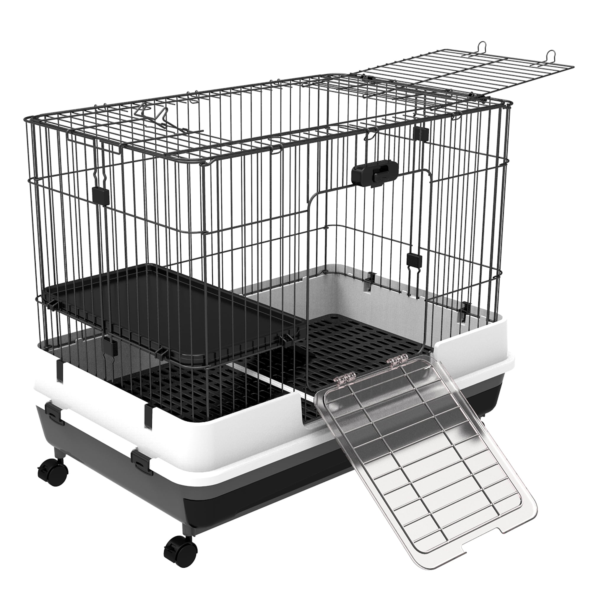 pawhut-32-l-2-level-indoor-small-animal-rabbit-cage-with-wheels-black