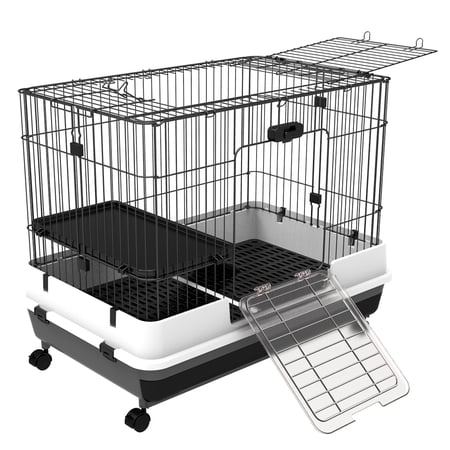 Pawhut 32”L 2-Level Indoor Small Animal Rabbit Cage with Wheels - Black