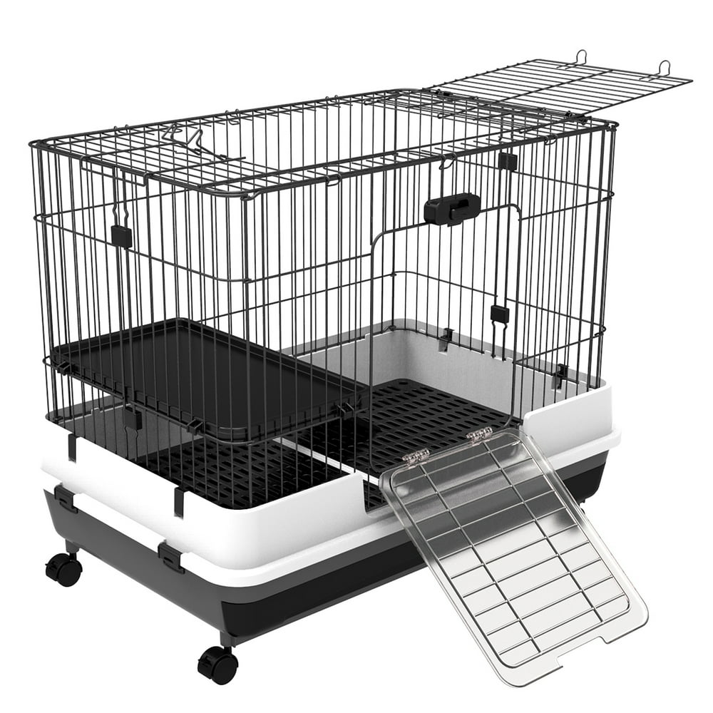 Pawhut 32”L 2Level Indoor Small Animal Rabbit Cage with Wheels, Black