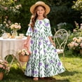 thumbnail image 7 of Little Girls Maxi Dress 4-14 Years Ruffle Half Sleeve Round Neck Floral Print Tiered Long Dress with Side Pockets Purple 7-8 Years, 7 of 7