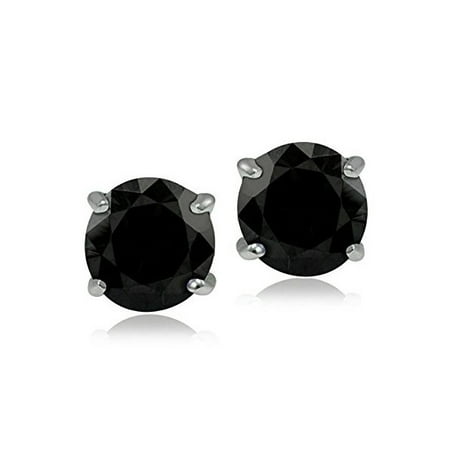 18k Brilliant Cut Stud - Surgical Steel Rhodium Plated Black Cubic Zirconia Brilliant Cut Round Stud Earrings, 7mm
