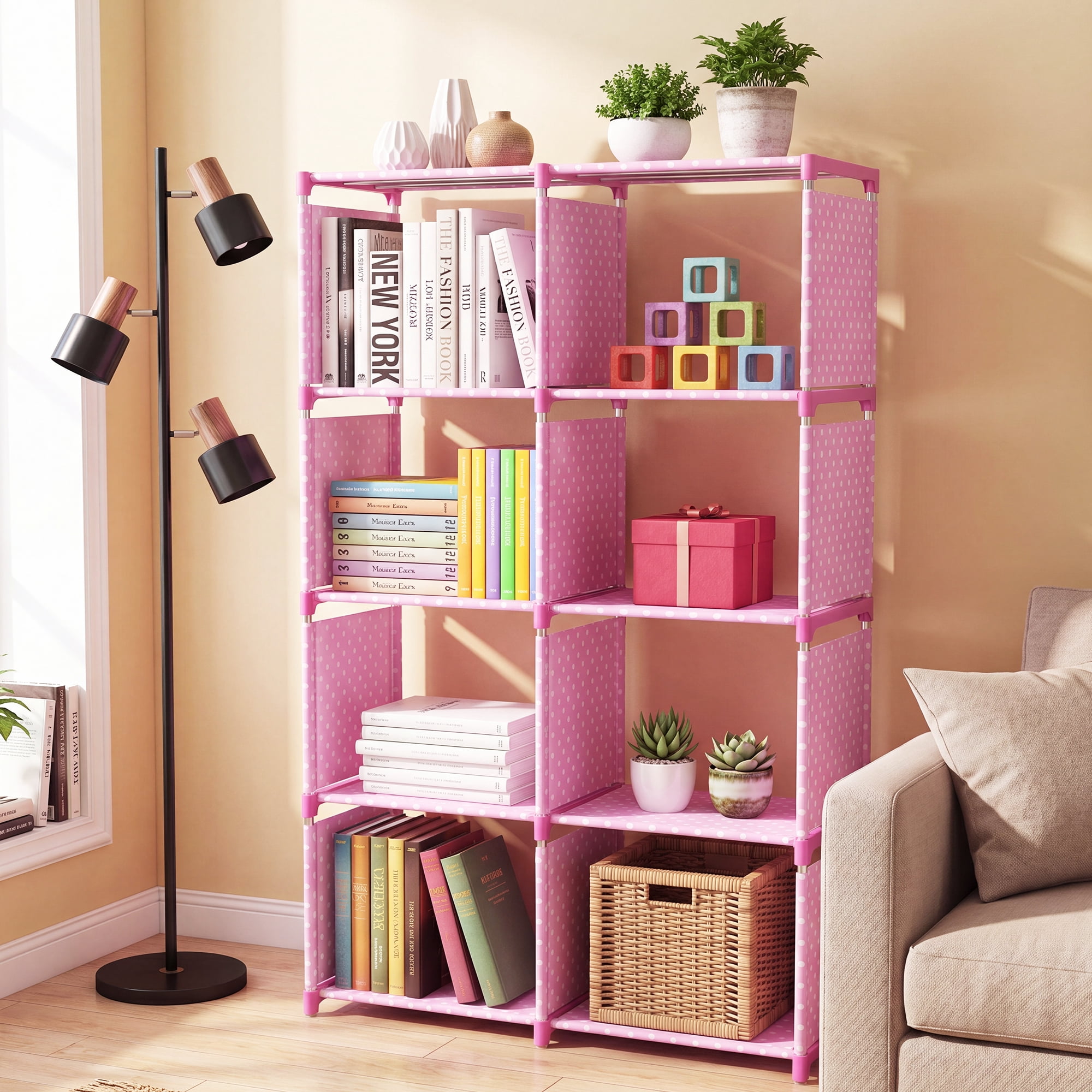 HONEIER Bookshelf, 8-Cube Storage Organizer, 5-Tier Open Bookcase for Bedroom Living Room Office, Pink