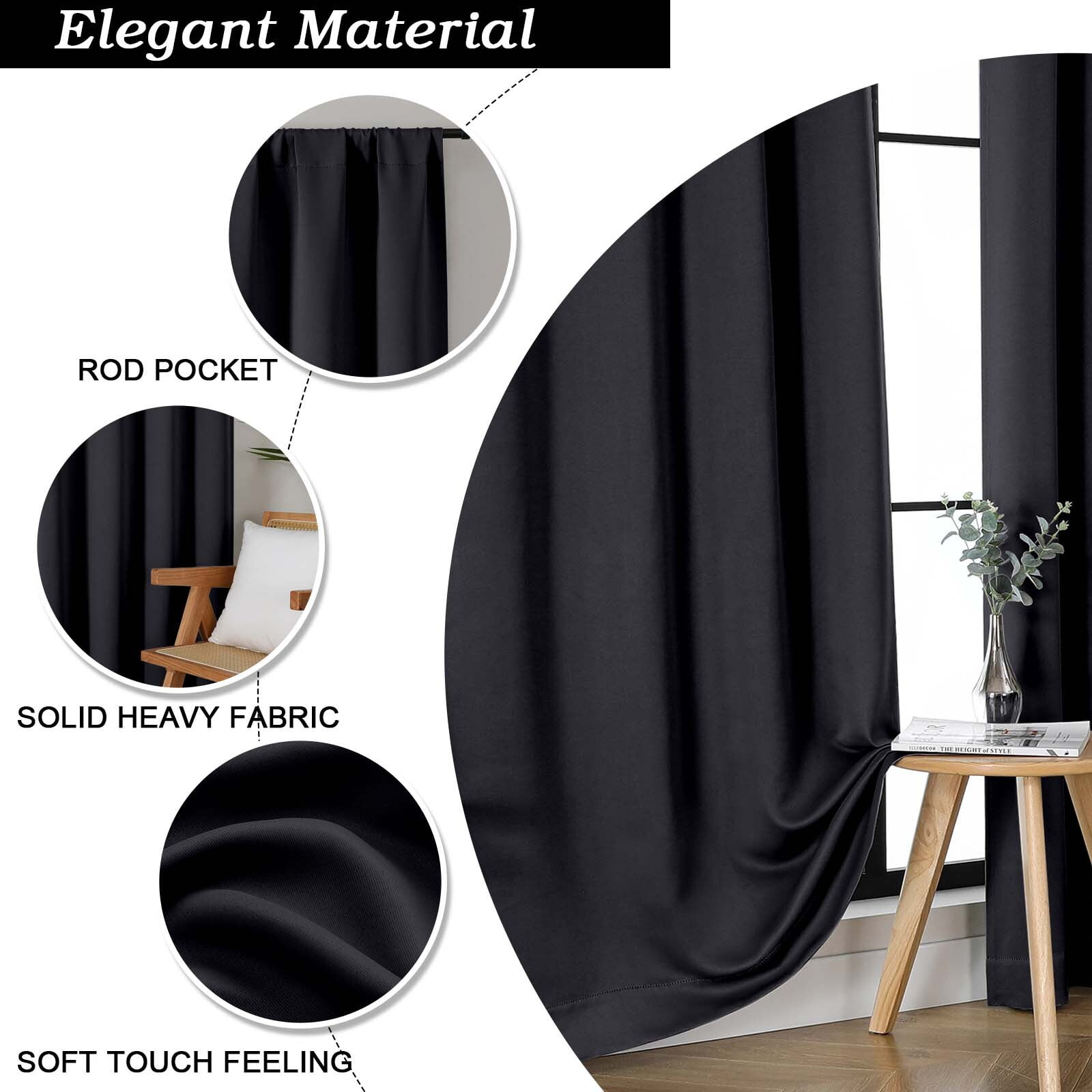 Patin SMWG Rod Pocket Blackout Curtains S2 Black 2x50x120"