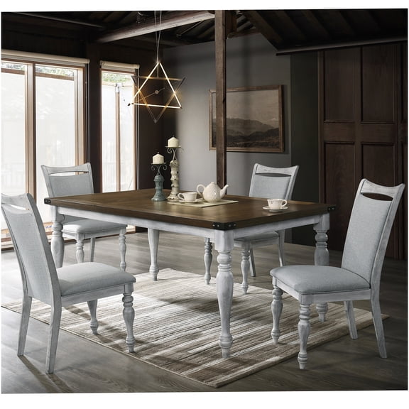 Farmhouse Dining Table Set for 4 with Padded Upholstered Chairs, Distressed Oak Top and Rustic White Legs