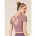 thumbnail image 6 of Top-kevin Women'S Athletic Crop Top with Cross-Back Design and Built-In Bra Pads - Short Sleeve Activewear for Running, Yoga, Cycling - Breathable, Stretchy, Purple, Cycling Top, 6 of 10