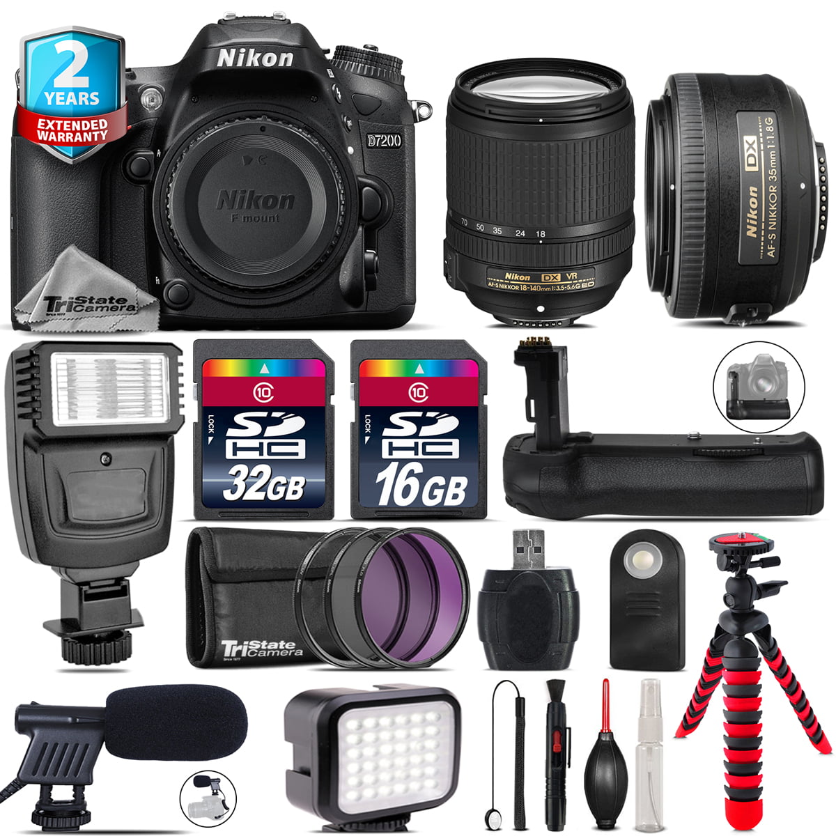 Nikon D7200 DSLR Camera + AFS 18-140mm VR + 35mm f/1.8 + LED Kit + 