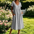 thumbnail image 2 of PRINxy Women's V Neck Short Sleeve Button Front Cotton Linen Shirt Dress with Pockets Loose Long Dress for Summer Daily Wear Vacation Gray XL, 2 of 6