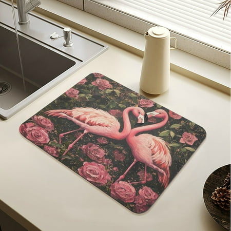 

Wobogo Ragged Pink Flamingos Dish Drying Mats Diatomaceous Earth Super Absorbent Non-slip Rubber Sole 19.7×15.7in