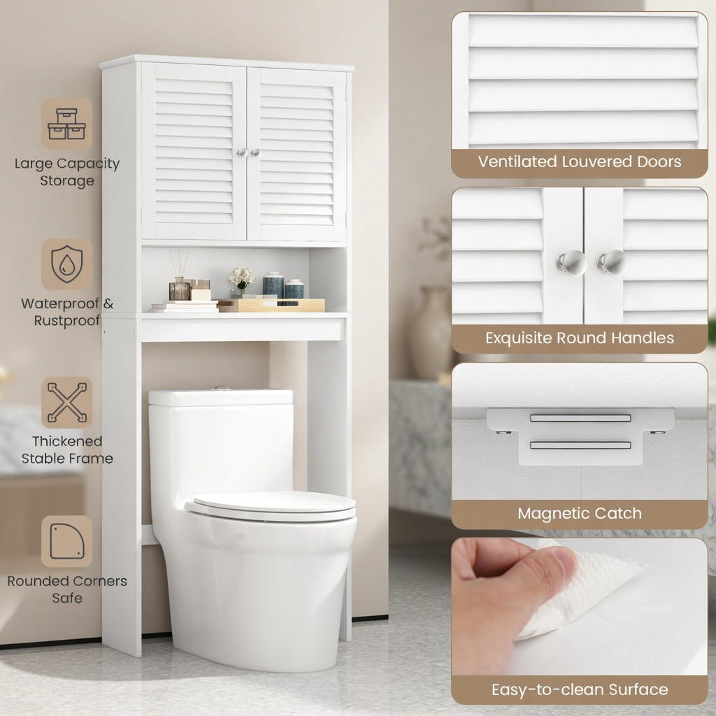 Hommoo Over the Toilet Storage Cabinet with Adjustable Shelf, Double Louvered Doors, MDF Bathroom Organizer for Small Spaces, White