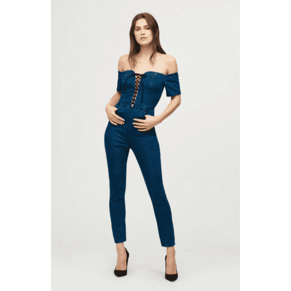3x1 Women's SIMONE Camille Lace-Up Denim Jumpsuit XS