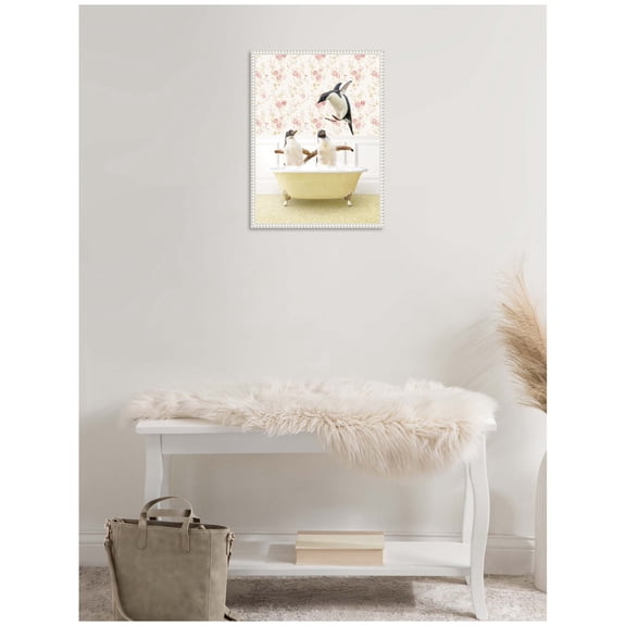 Kate and Laurel Penguins in Vintage Yellow Bath Framed Canvas Wall Art by Amy Peterson 18 x 24 Sylvie Beaded White, Whimsical, Animals, Bathroom, Humor Art for Wall Decor, Living Room, Bedroom