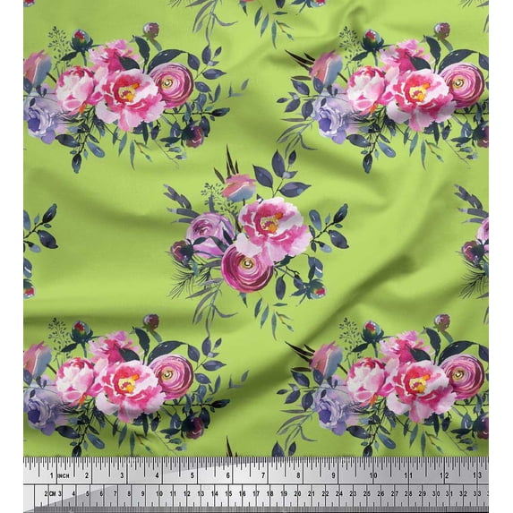 Soimoi Green Silk Fabric Leaves & Pink Floral Print Fabric by The Yard 42 Inch Wide